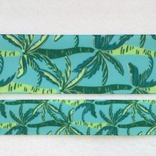 Palm trees green on aqua inspired Grosgrain ribbon BTY 7/8" 1.5"