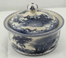 Victoria Reproduction Ironstone Blue HWite Transferware Round Covered Butter