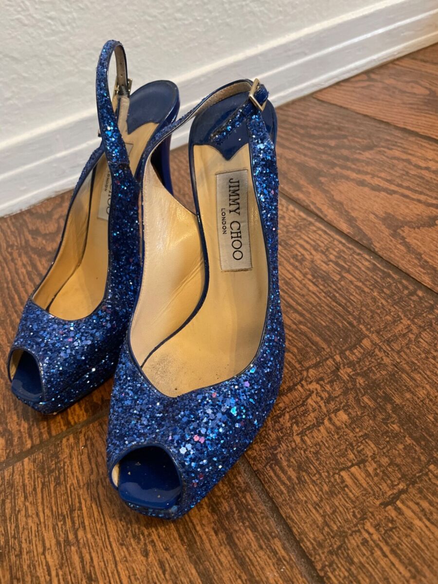 Jimmy Choo Sling Back Heels Blue Glitter Size 37.5 Fit Size Jimmy Choo Sling Back Heels Blue Glitter Size 37.5 Fit Size