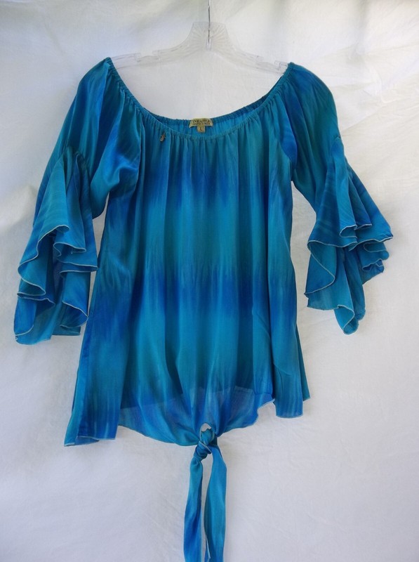 Pineapples Designed in Hawaii Women's Top Size Large Teal Blue Color Ruffle
