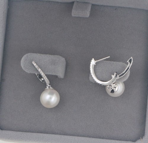 Women's Silver Fresh Water Pearl Dangle Earring In Genuine Diamonds Gold Plated - Picture 7 of 7