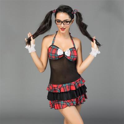 Sexy 5-Piece Women Schoolgirl Outfit Costume Gogo Black-Red 34/36/38 #GW1044