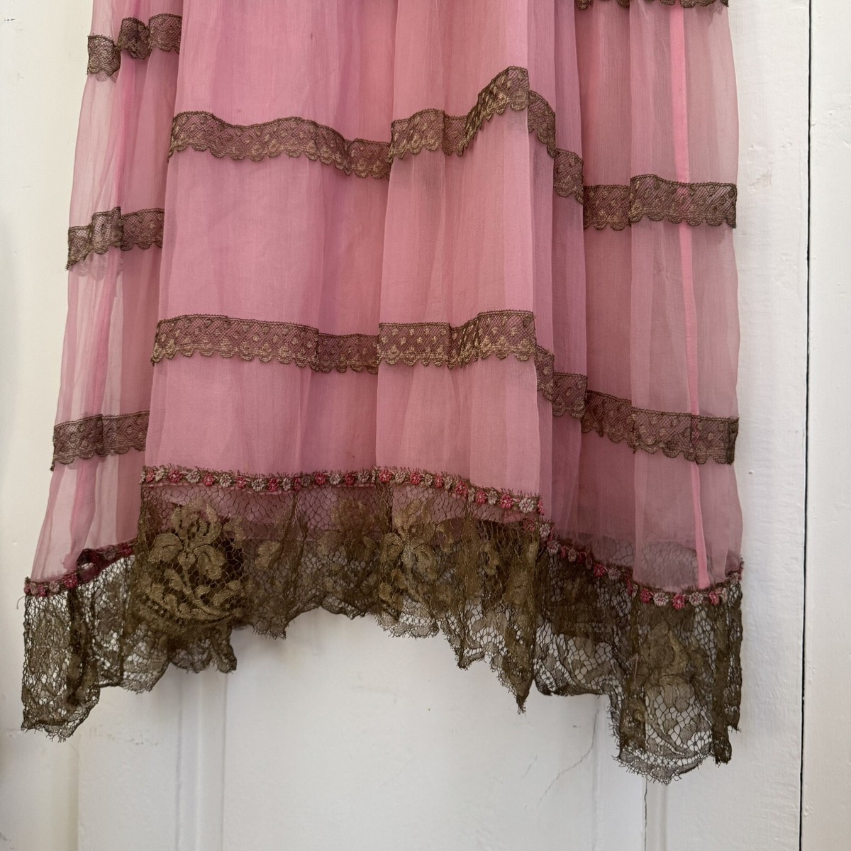 Antique 1920s Pink Silk Chiffon Dress Gold Lace Silk Flowers
