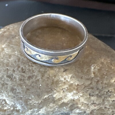 Mens Wedding Band Navajo Stamped 14K Gold Sterling Silver Ring Sz 12 17968