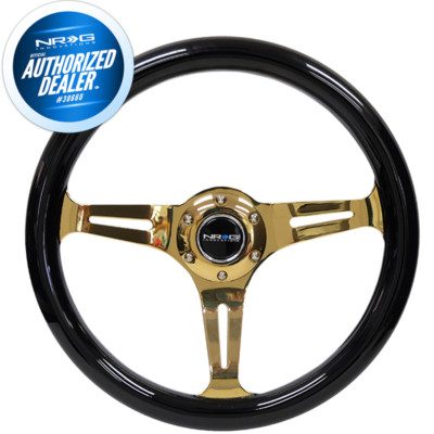 NEW NRG Classic Black Wood Steering Wheel 350mm Chrome Gold Spokes  ST-015CG-BK