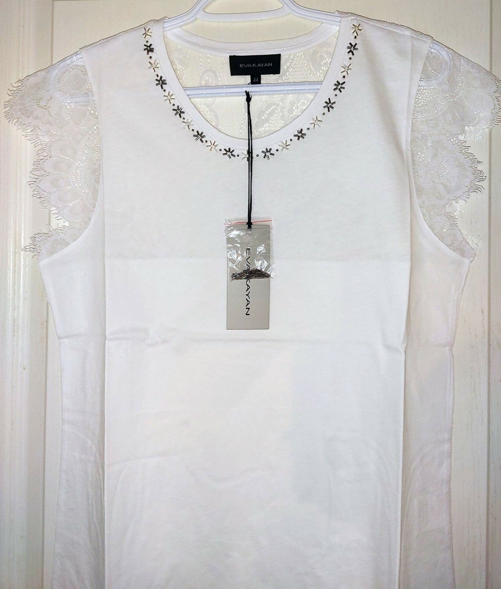 EVA KAYAN White cotton and lace top with pretty tube bead details 
