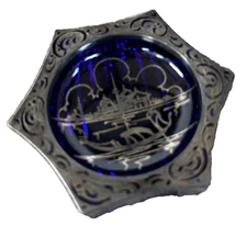 Cobalt Blue Glass Venice Italy Ashtray Open Salt 1930 Murano Silver Overlay Hex