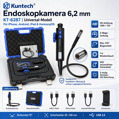 Kuntech KT-6287 Endoskopkamera 6,2mm HD 1m IP67 210° iPhone Android USB-C