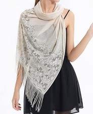 Women's Floral Lace Mesh Party Prom Wedding Shawl Scarf with Fringe