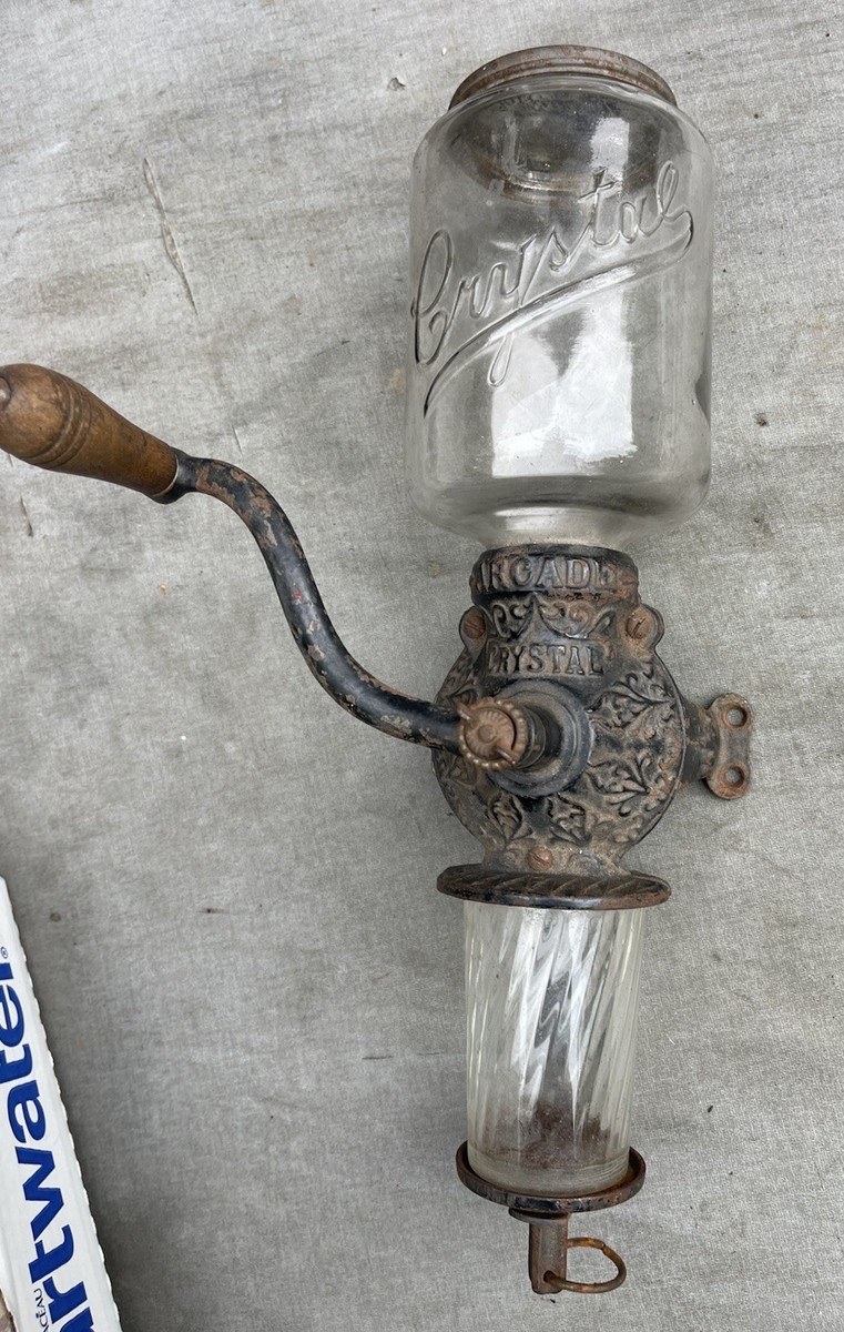 Vintage ARCADE CHRYSTAL Coffee Grinder w Original Glass Cast Iron Rare  Antique