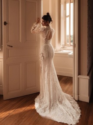 Lace Sheath Wedding Dresses Backless Tulle Mermaid Cubic Floral Bride Gowns 