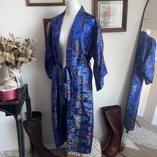 Beautiful Vintage 80s Blue Chinese Dragon Satin Robe Kimono