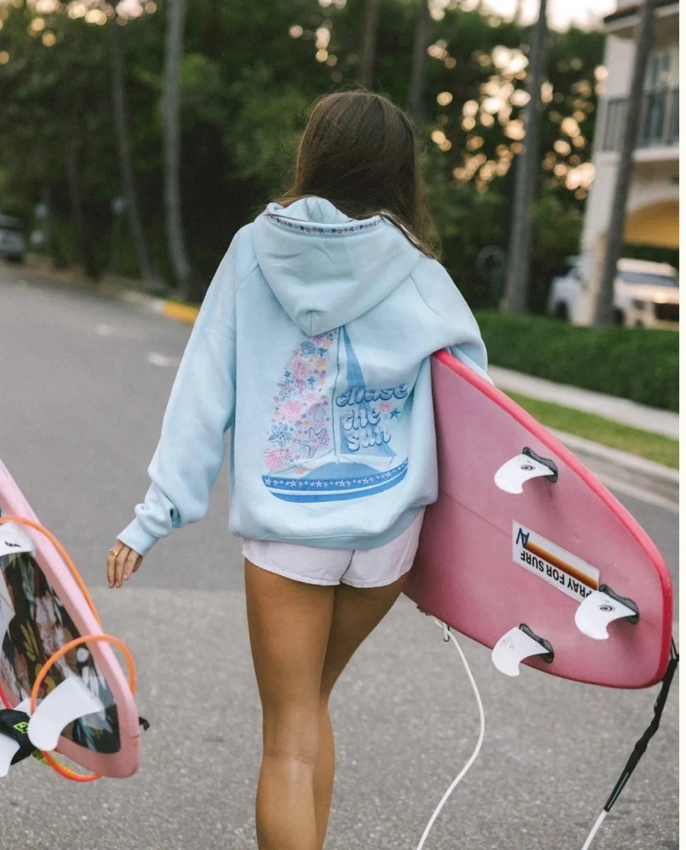 PINK PALM PUFF “Chase the Sun” Relaxed Hoodie in Sky Blue XS SOLD