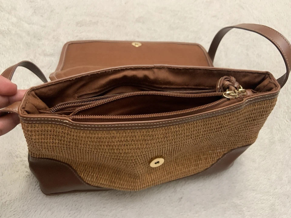 "Bolso de hombro Etienne Aigner bolso de mano cuero tostado y paja M 13""x8""" Foto 4 de 4