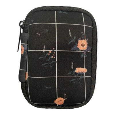 MYTAGALONGS Zippered Ear Bud Case/AirPods Travel Case Black Grid Floral Accents