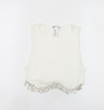 Zara Women White Beaded Cropped Tank Top XS Summer