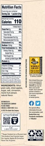 Quaker Instant Oatmeal Apple Cinnamon, Lower Sugar, 8 Count