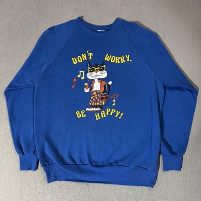 Dont Worry Be Happy Vtg 80's Kitty Cat Puff Print Blue Music Radio Sweatshirt -L