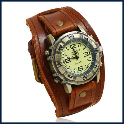 Retro Genuine Leather Strap Watch Men Punk Style Quartz Cuff Watch Wristwatches