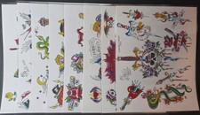 1989-98, Traditional Mike Rollo Malone Tattoo Flash 8 Sheet , Full Color Set, HI