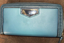 Blue Solid Zip-Around Wallet, Zipper Accent, Credit Card, Women's