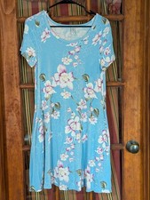 KORSIS Women's Small Blue Floral Print Short Sleeve T Shirt Swing Dress POCKETS