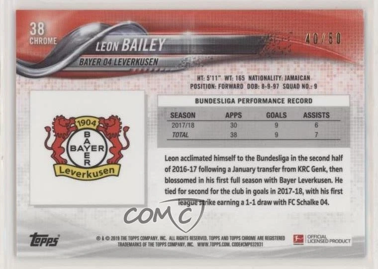 2018-19 Topps Chrome Bundesliga Gold Refractor /50 Leon Bailey #38 Rookie RC - Image 2 of 2