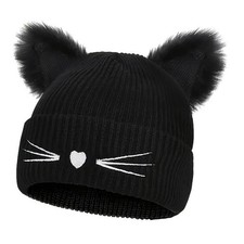 Black Cat Beanie with Faux Fur Ears - Cute Knit Hat for Women
