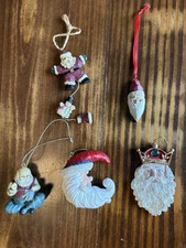 Lot of 5 Assorted VTG Christmas Ornaments- Hand Carved, Signed, Taiwan, Santa