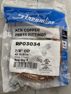 Mueller RP03034 ACR Press Copper 45 Elbow, 0.55 x 7/8 OD (P x P) Bag Of 3