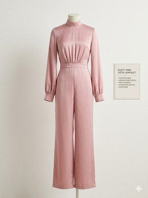 Boohoo Dusty Pink Satin Jumpsuit Mock Neck Wide Leg Bishop Sleeve NWT Size 4