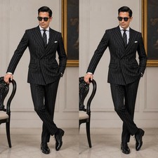 Black Striped Men's Suits 2Pcs Formal Business Jacket Peak Lapel Evening Coats