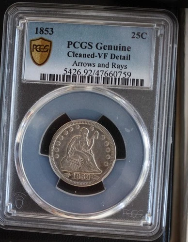 1853 Seated Liberty Quarter Arrows & Rays PCGS VF Detail-Cleaned