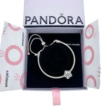 NEW 100% Authentic PANDORA Silver Sparkling Snowflake Charm + Bracelet Gift Box