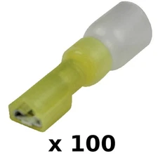 100 Pack Yellow 12-10 AWG Heat Shrink 0.25 Inch Female Spade Terminals for Boats