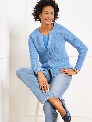 Shaker Stitch V-Neck Cardigan at Talbots, NWT $119, color BLUE WAVE HEATHER