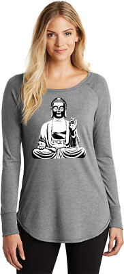 Womens Yoga T-shirt At Peace Buddha Long Sleeve Tunic