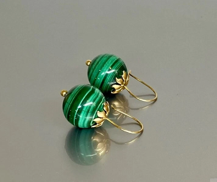 Malachite ball Earring Gold Filled Wires 925 Sterling Silver 10mm ball Earrings - image 2 of 4