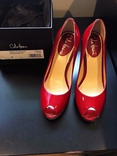 Cole Haan Shoes Carma OT Air Pump Black Patent Peep Toe Heels, Red, Size 7