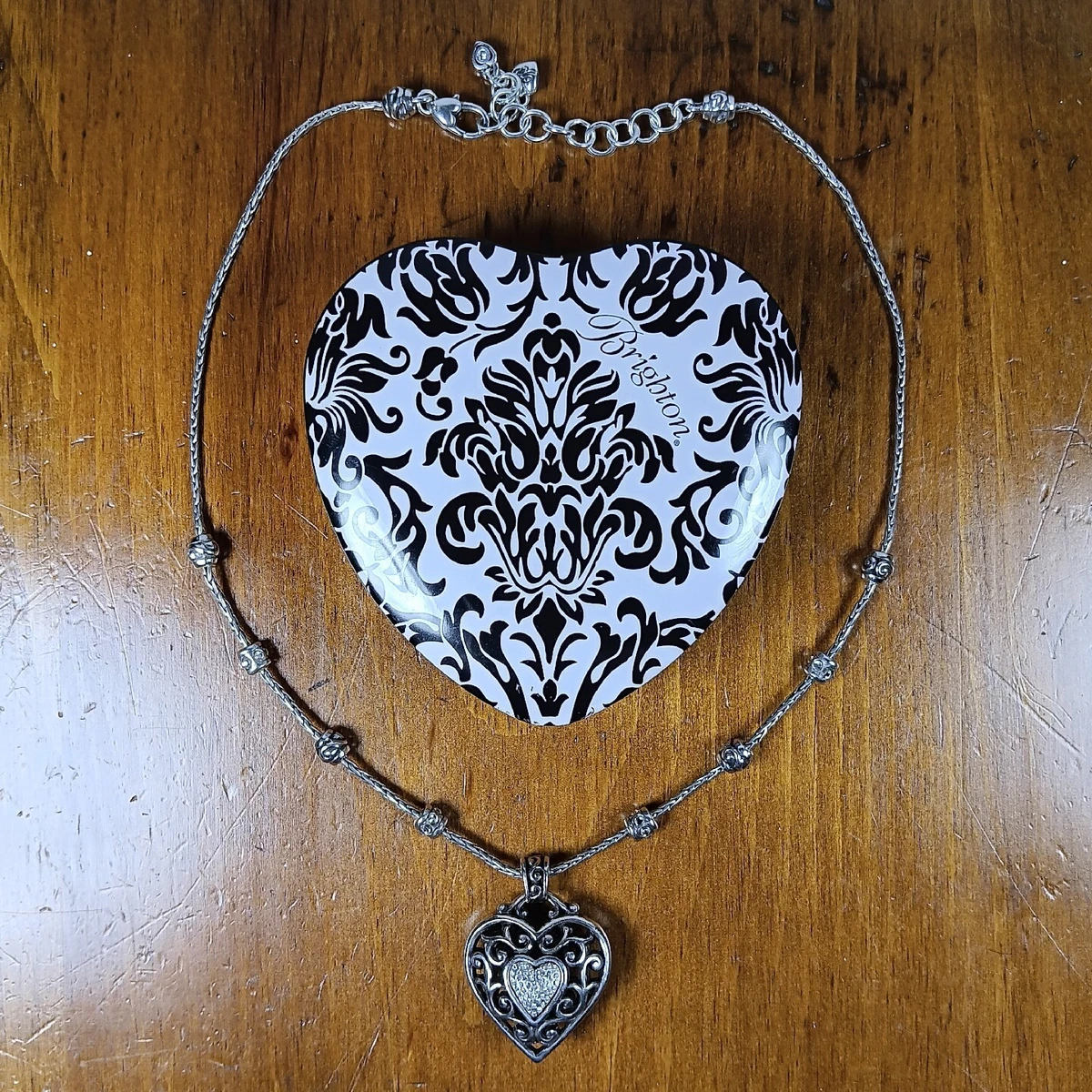 Brighton Silver Crystal Scroll Reno Puffy Heart Necklace Bead
