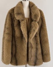 Women’s Brown Faux Fur Short Collared Open Jacket Lined Long Sleeve Size L