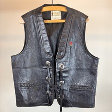 Vintage 70s Berman Buckskin Black Leather Moto Vest L Rose Embroidery Concho