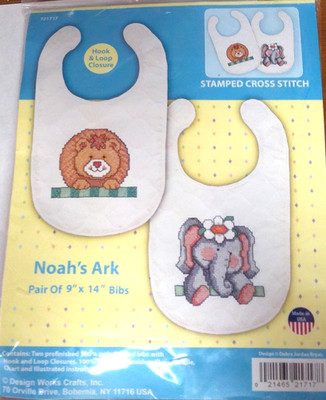 Design Works Stamped Bib Cross Stitch Kit 9''X14'' 2/Pkg Noah's Ark Lion Elephant