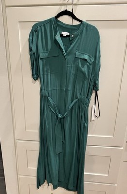 Calvin Klein Green Button Shirt Dress Belted Pockets Midi Crew Neck - 12 | eBay Calvin Klein Green Button Shirt Dress Belted Pockets Midi Crew Neck - 12 | eBay