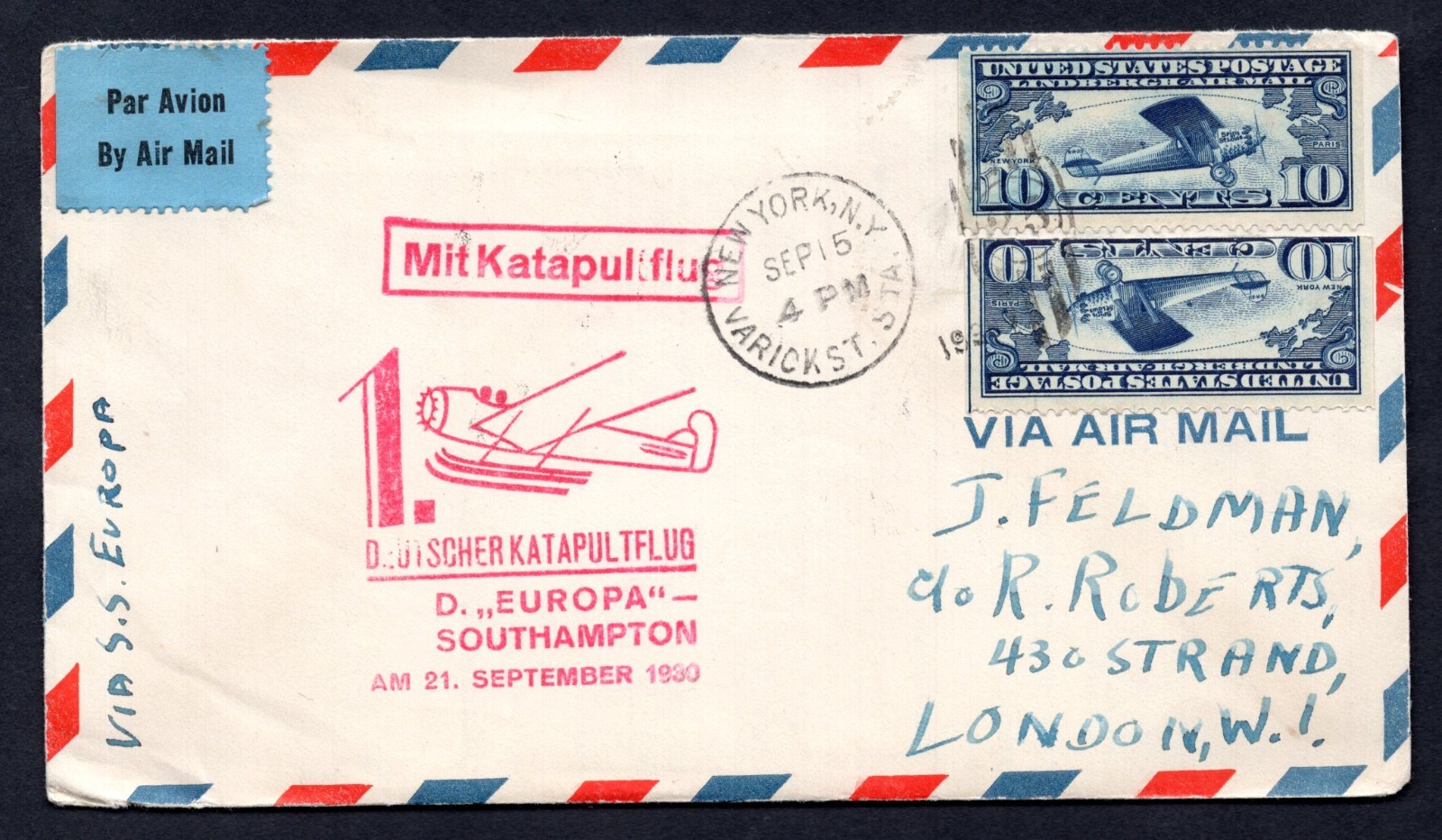 US 1930 GERMANY CATAPULT MAIL TRANSPORTED ON USS EUROPA VIA SOUTHAMPTON