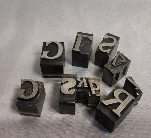 Vintage Metal Letterpress Type Blocks Industrial Printing Letters Mixed Lot Of 9
