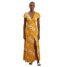 Madewell Puff-Sleeve Wrap Midi Dress Ikat Floral Golden Yellow Medium Tie Waist