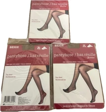 3x Juncture Day Sheer Beige Pantyhose Lycra One Size SML Reinforced Toe 150lbs