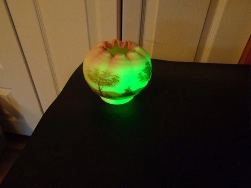 Vintage Fenton Burmese Uranium Glass Ruffled Vase Handpainted Artist Signed 3.4"