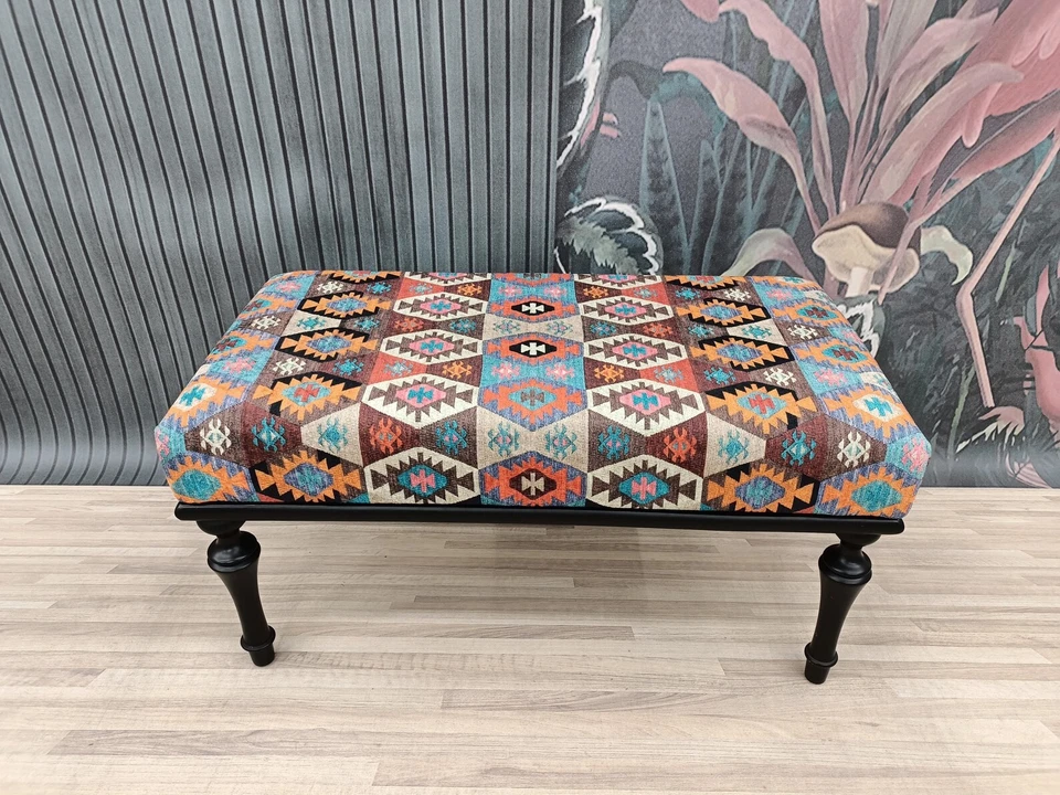 Kilim Pattern Printed Rug Upholstered Ottoman Bench Sitting Bench Piano Bench - Image 4 of 4